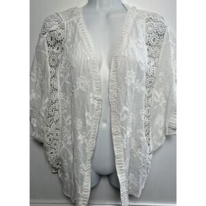Vince Camuto Womens White Lace Crochet Open Front Shrug Top OS Cotton Romantic